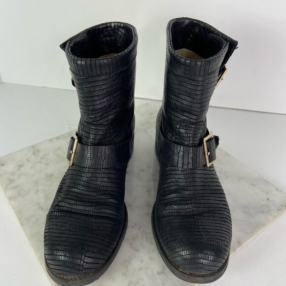 Jimmy Choo Black Biker Boots Moto Combat Buckle Croc Embossed 36.5 $1195 - Picture 2 of 13